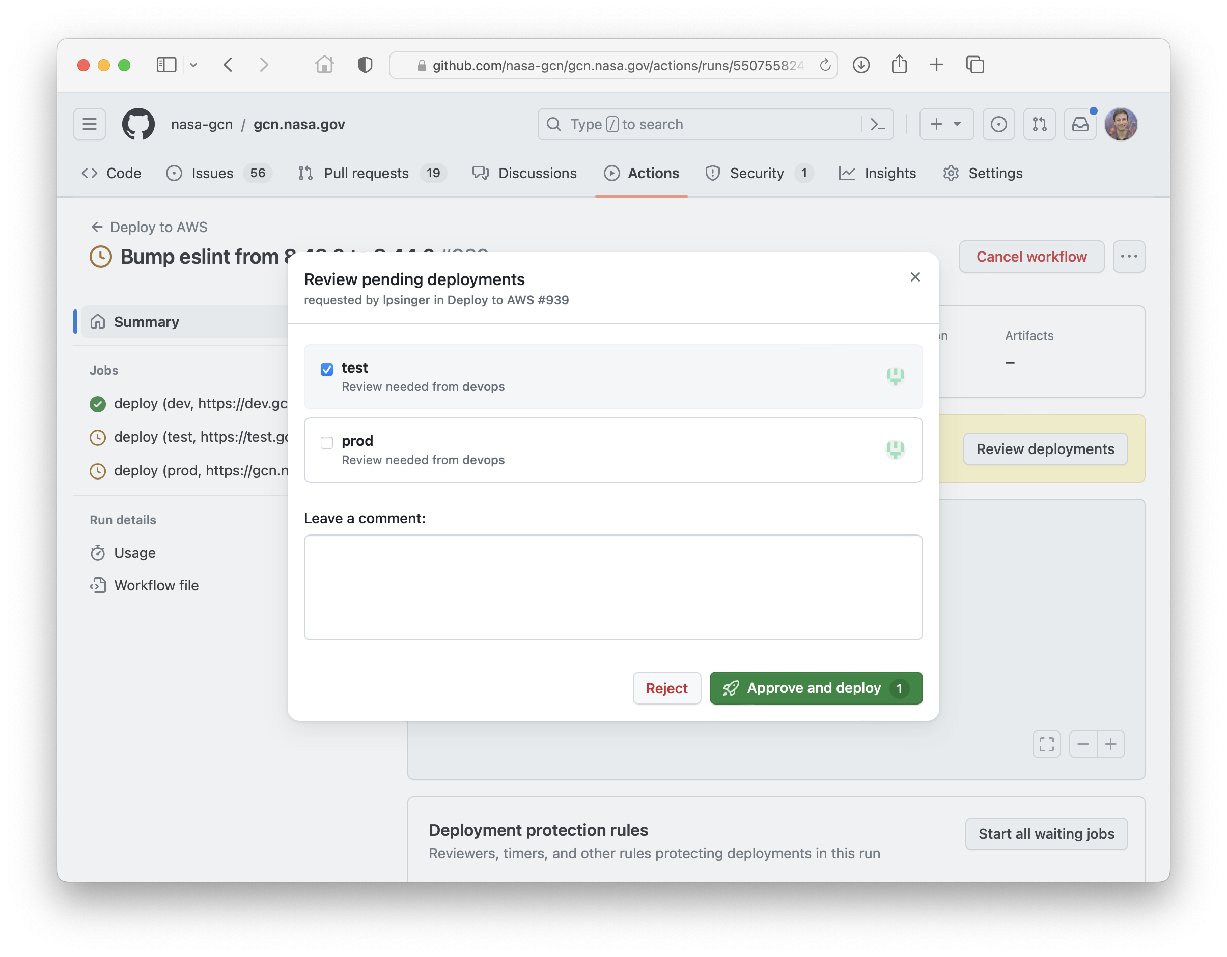 Screen shot of deployment review in GitHub Actions
